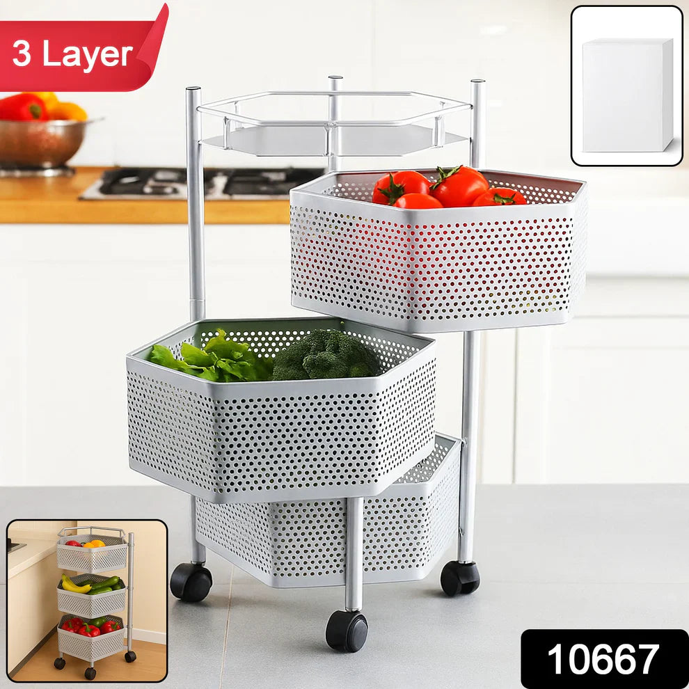 3-Layer Hexagon Kitchen Trolley with Wheels (1 Pc)