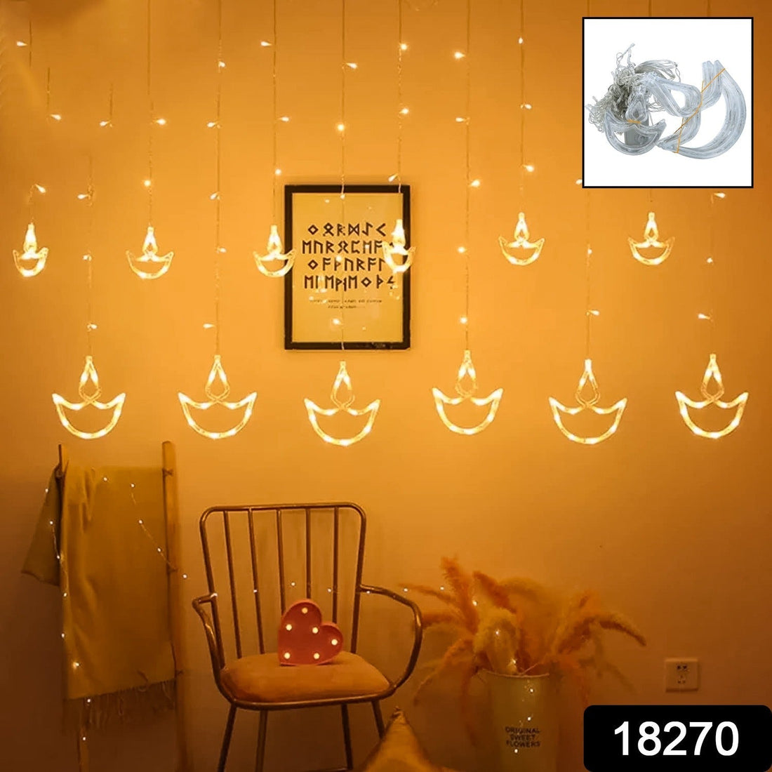 12 Diya Curtain String Lights, Window Curtain Lights with 8 Flashing Modes Decoration Light (White Color)