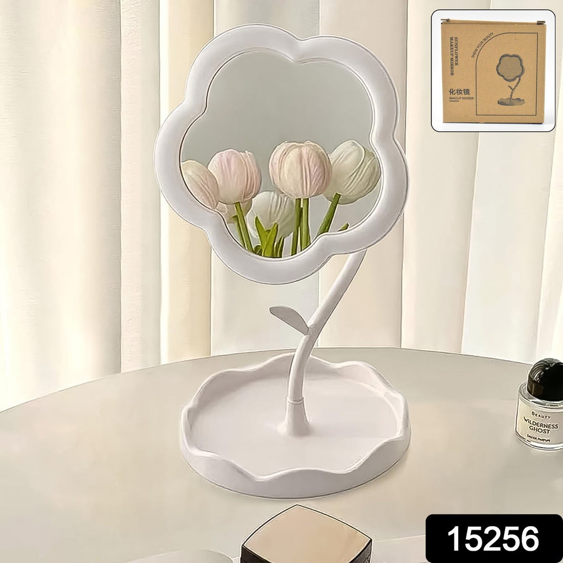 Flower-Shaped Makeup Mirror, Rotatable Makeup Mirror with Tray Table Vanity